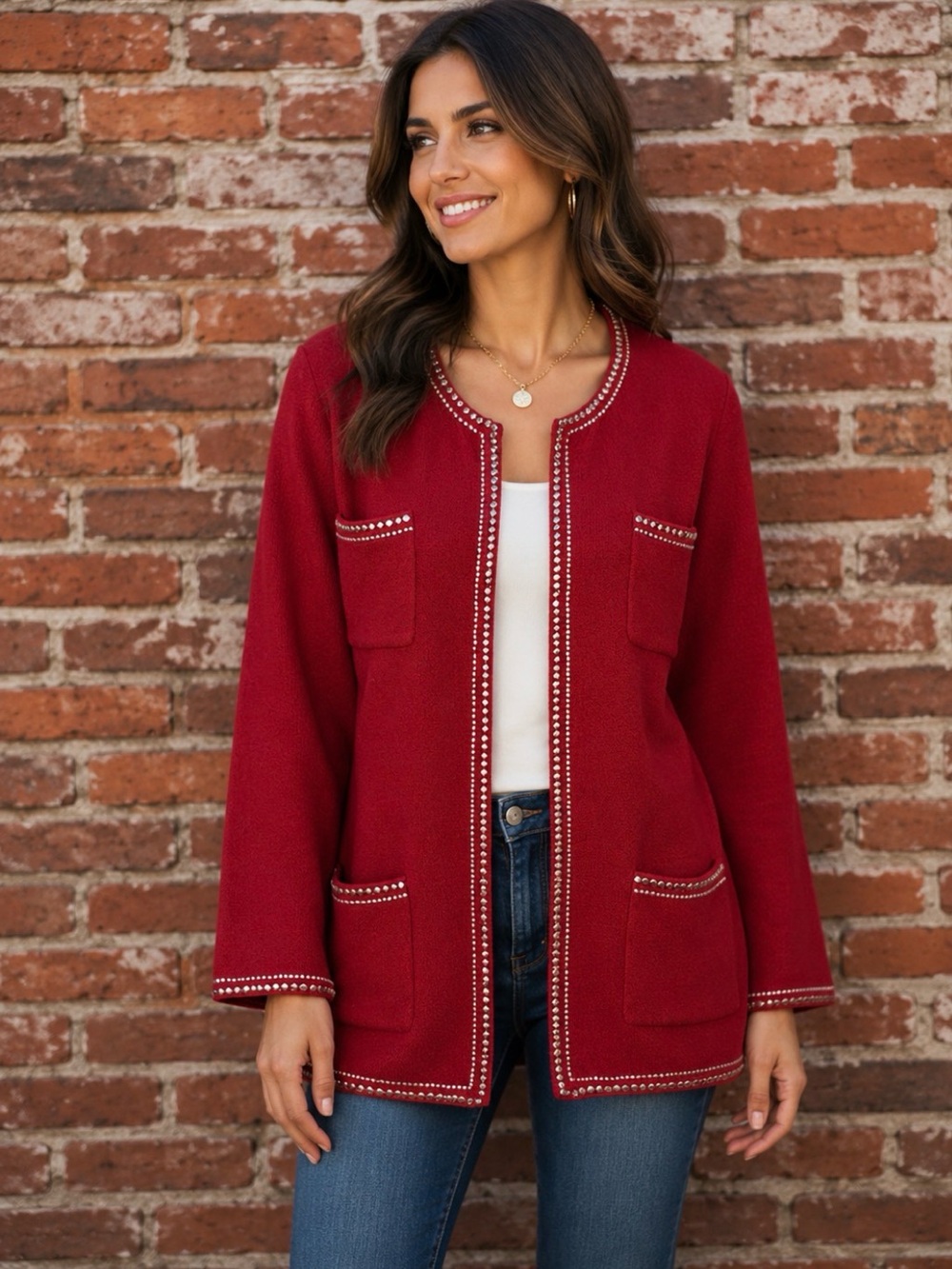 Vintage 90s Nouveaux Red Open Front Cardigan Sweater with Silver Stud Detail